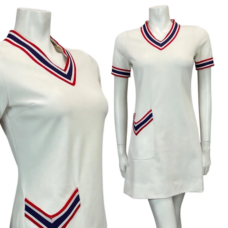 VINTAGE 60s 70s WHITE NAVY RED MINI TENNIS MOD PREPPY DRESS 10 Comfortable Polka Dot Mini Dress