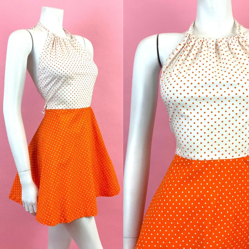 VINTAGE 60s 70s WHITE ORANGE POLKA-DOT MOD HALTER MINI SUMMER DRESS 6 8 Elegant Tulle Mini Dress