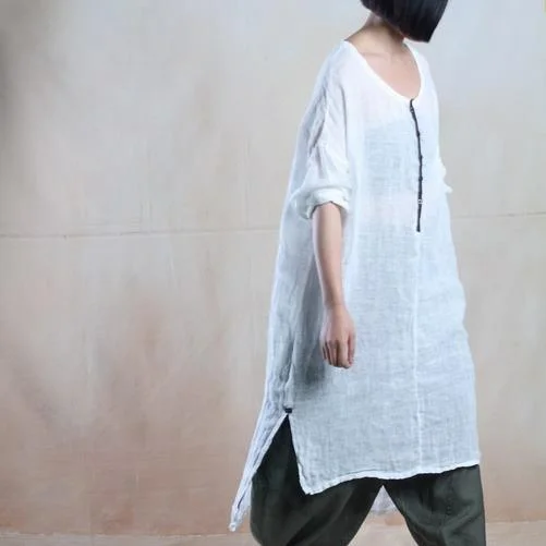 White minimalist sundress linen summer dress asymmetric holiday causal dress Comfortable Zip-Up Mini Dress