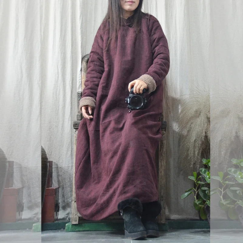 Winter Retro Minimalist Furred Cotton Linen Dress Stylish Sweetheart Neck Mini Dress