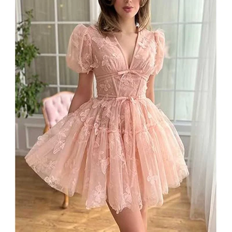 Women Mini Tulle Prom Dress Flower Embroidery Dress Short Formal Homecoming Dresses Cozy Satin Mini Dress