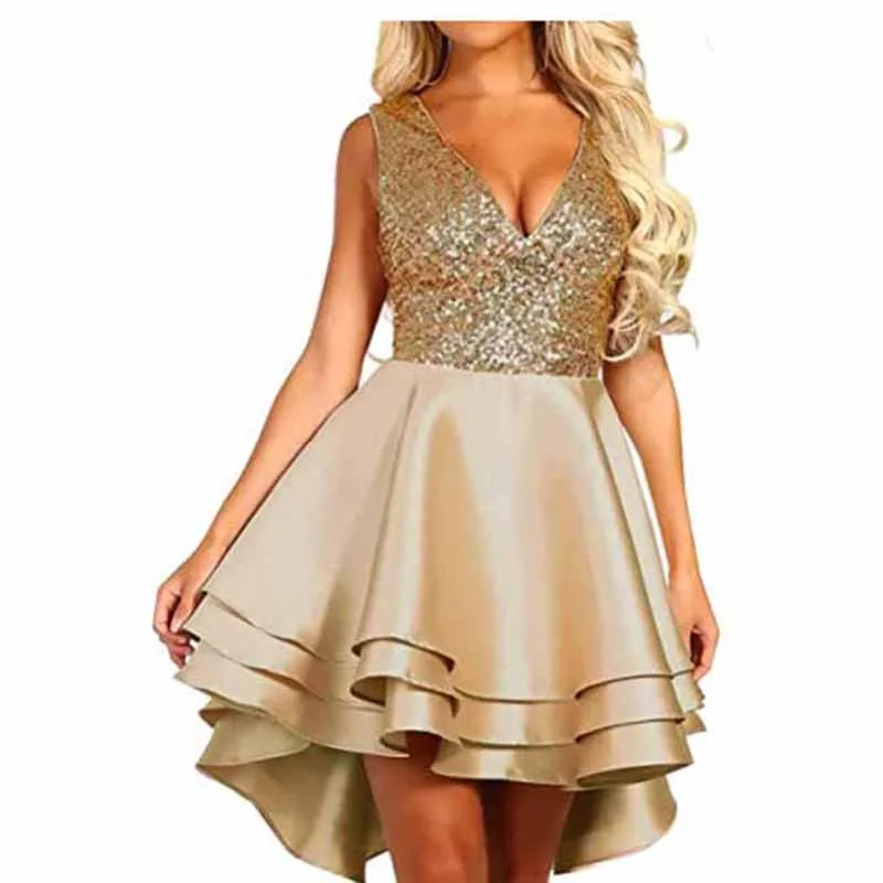 Women's Sequin Glitter V Neck Skater Mini Club Cocktail Party Swing Dress Cozy Long Sleeve Mini Dress