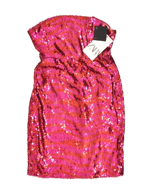 ZARA Womens Mini Strapless Dress UK 4 XS Pink Polyester Cozy Satin Mini Dress