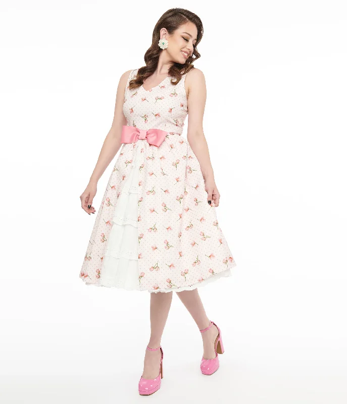 Barbie x Unique Vintage 1960s Pink Rosebud Garden Party Swing Dress Lace Sexy Club