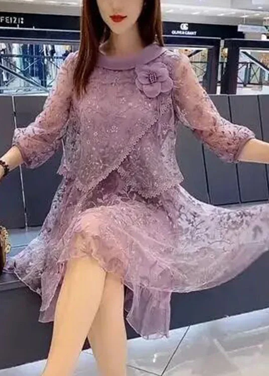 Beautiful Purple Embroidered Tulle Patchwork Fake Two Pieces Party Mid Dress Half Sleeve Tunics Floral girly