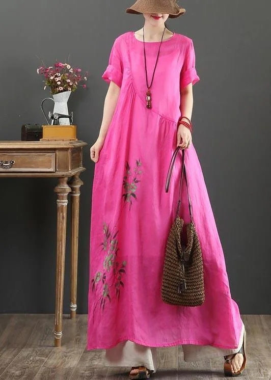 Chic Rose Print asymmetrical design Party Summer Linen Dress Tunics Practical durable