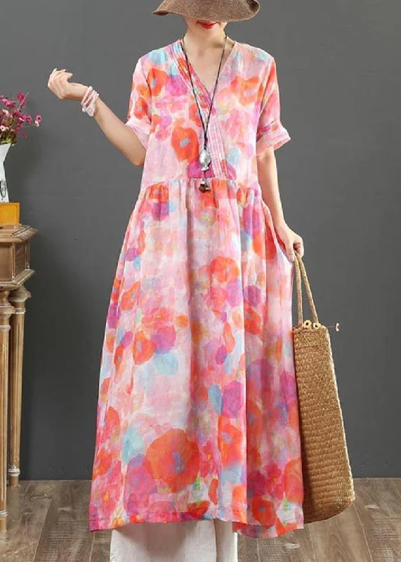 Classy Pink Print V Neck Party Summer Linen Dress Tunics Versatile stylish