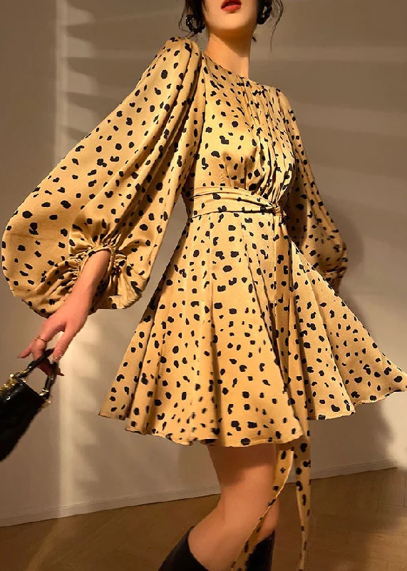French Yellow O-Neck Leopard Print Draping Silk Party Mid Dress Lantern Sleeve Pleated Skirt Elegant