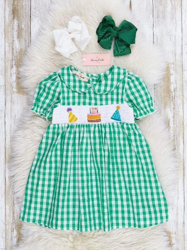 Green Gingham Party Time Smocked Dress Tunics Polka dots