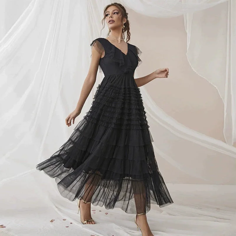 NiDELL ZG-21802 Party Gathering European and American Women's Clothing . Summer Sexy V-neck Mesh Dress Dress in Stock Tunics Versatile functional
