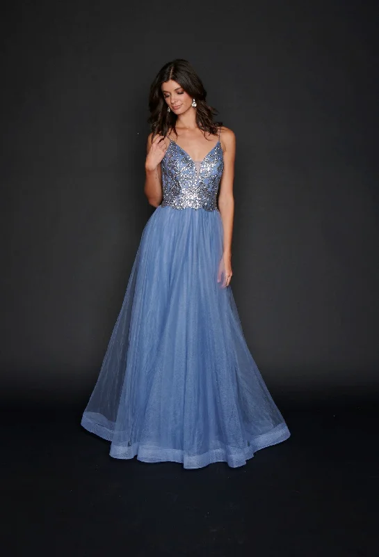 Nina Canacci 1522 Size 10 Steel Blue Long A Line Glitter Prom Dress Formal Party Gown V Neck Tunics Fashionable trendy