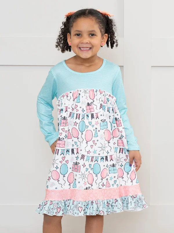 Teal Party Stripes Ruffle Dress Tunics Mesh breathable