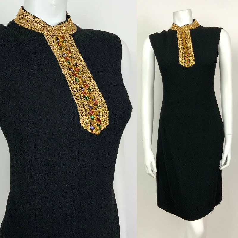 VINTAGE 60s 70s BLACK GOLD RED BLUE SEQUINNED PARTY DISCO TUNIC DRESS 8 10 Sequined Elegant Party