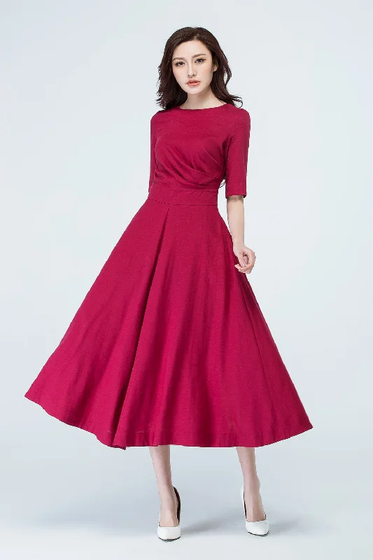 wine red party linen dress summer 1705 Tunics Stylish elegant