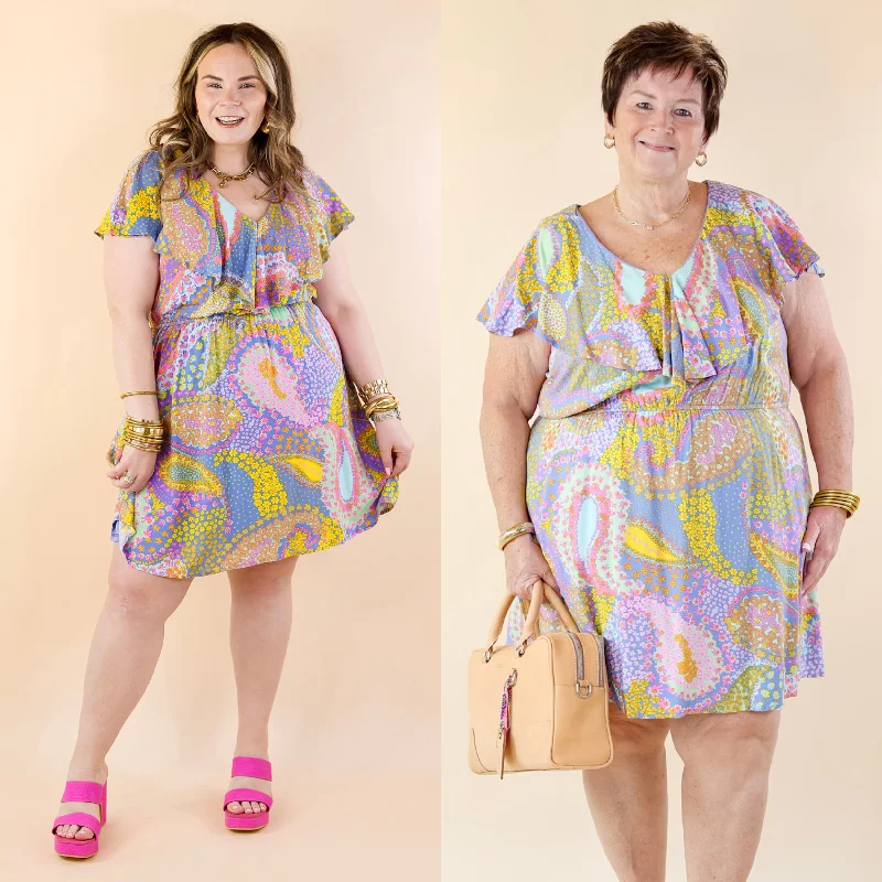 Dance Around Floral and Paisley Print Dress with Ruffle Upper in Blue Mix Tunics Cozy soft Dance Around Floral and Paisley Print Dress with Ruffle Upper in Blue Mix Tunics Cozy soft
