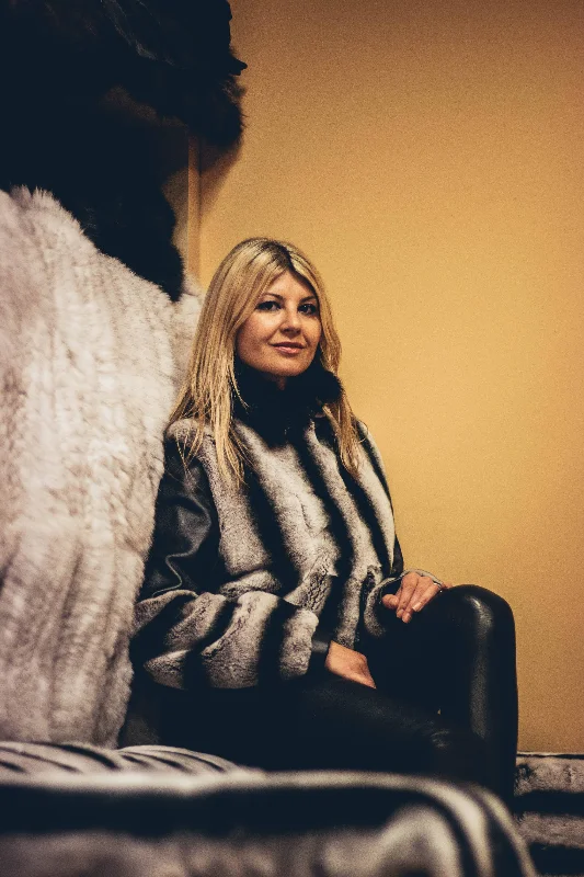 69 | Rex Rabbit Chinchilla Fur Crop Jacket With Leather Faux Fur Fabric Real Fur Fabric Shearling Fabric 69 | Rex Rabbit Chinchilla Fur Crop Jacket With Leather Faux Fur Fabric Real Fur Fabric Shearling Fabric