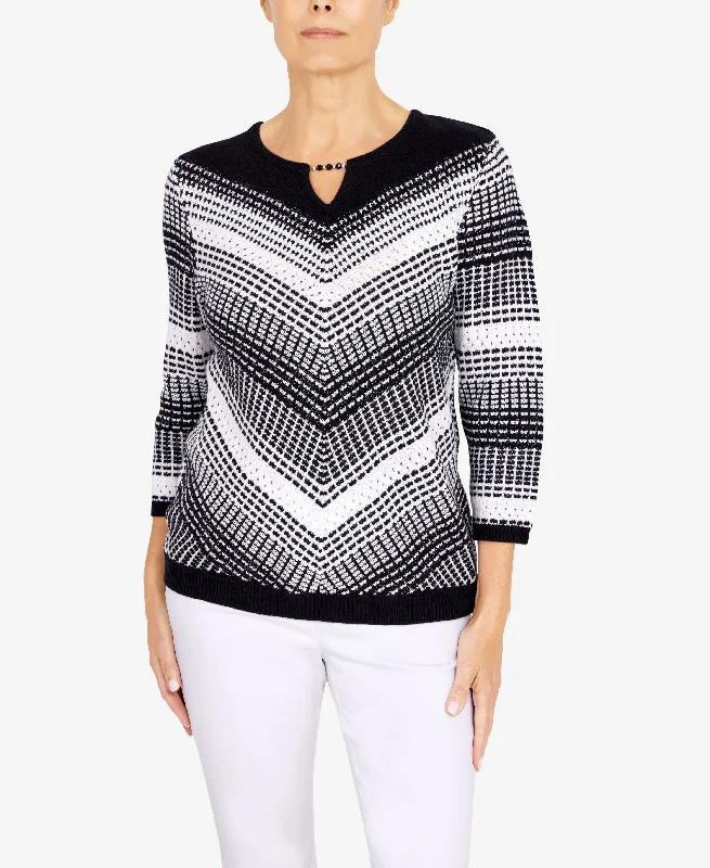 Alfred Dunner Petite Empire State Texture Split Neck 3/4 Sleeve Sweater Solid Color Striped Floral Print Alfred Dunner Petite Empire State Texture Split Neck 3/4 Sleeve Sweater Solid Color Striped Floral Print