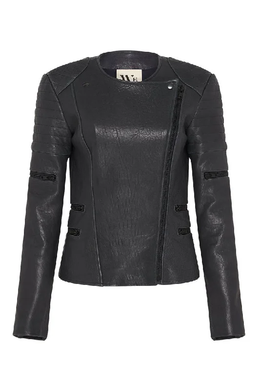 Greenwich Street Motor Jacket in Bubble Ink Leather One-Shoulder Jacket Off-the-Shoulder Jacket Asymmetrical Jacket Greenwich Street Motor Jacket in Bubble Ink Leather One-Shoulder Jacket Off-the-Shoulder Jacket Asymmetrical Jacket