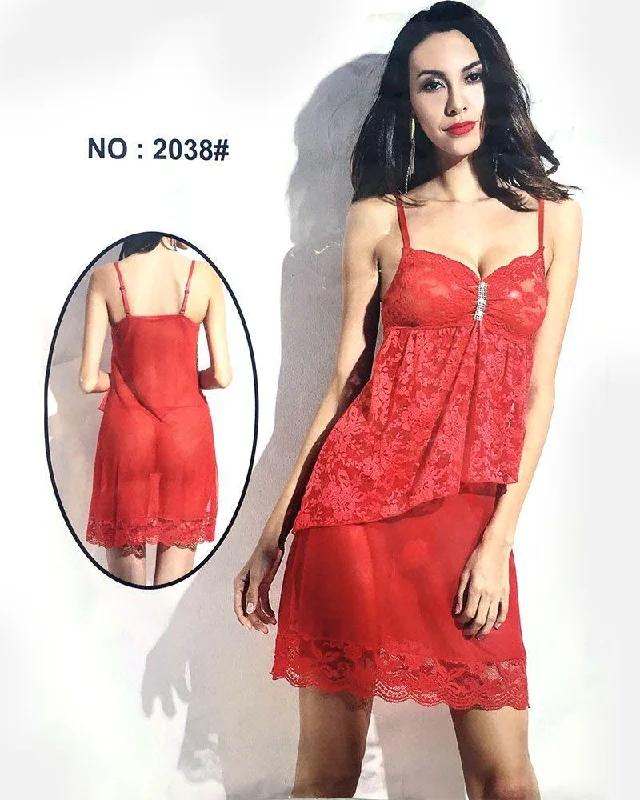 Red Sleeveless Short Net Nighty - 2038