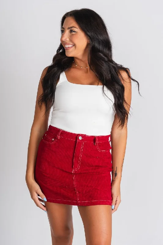 Bow stitch corduroy mini skirt red