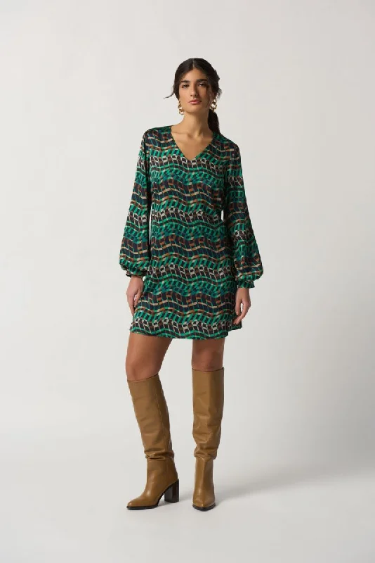 Joseph Ribkoff Black/Multi Geometric Print Satin Mini A-Line Dress 233272 Elegant Silk Mini Dress Joseph Ribkoff Black/Multi Geometric Print Satin Mini A-Line Dress 233272 Elegant Silk Mini Dress