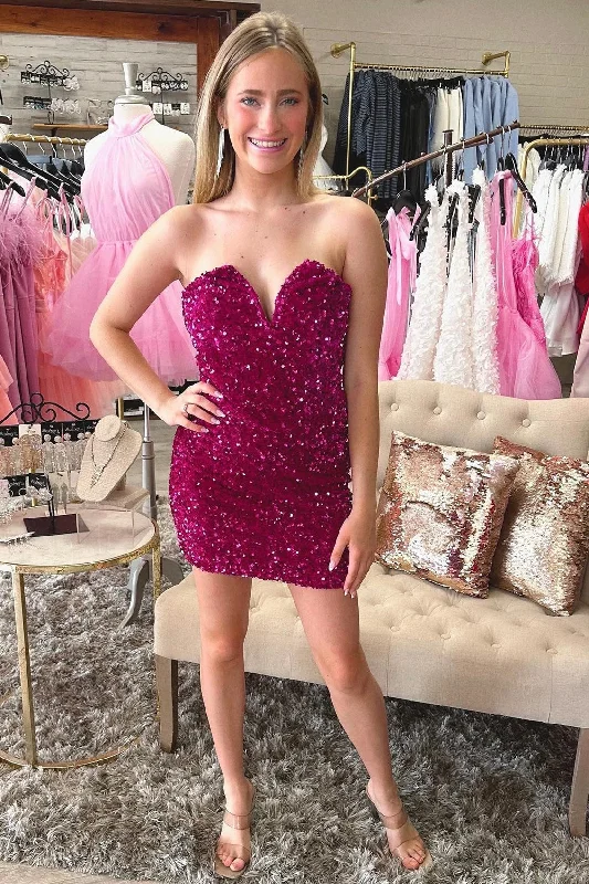 Magenta Sequin Strapless Mini Homecoming Dress Chic Puff Sleeve Mini Dress