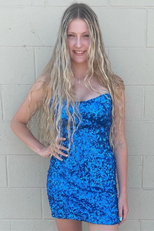 Strapless Blue Sequin Mini Homecoming Dress Fashionable Denim Mini Dress